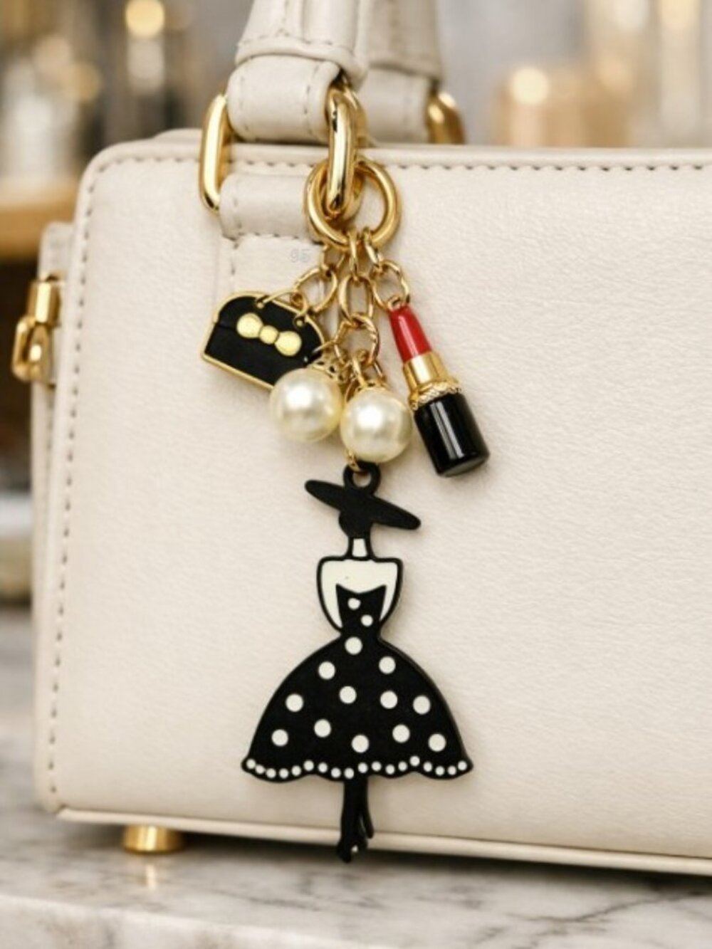 Fashion‑Girl Enamel Bag Charm / Keychain – Chic Black, Gold & Pearl Details